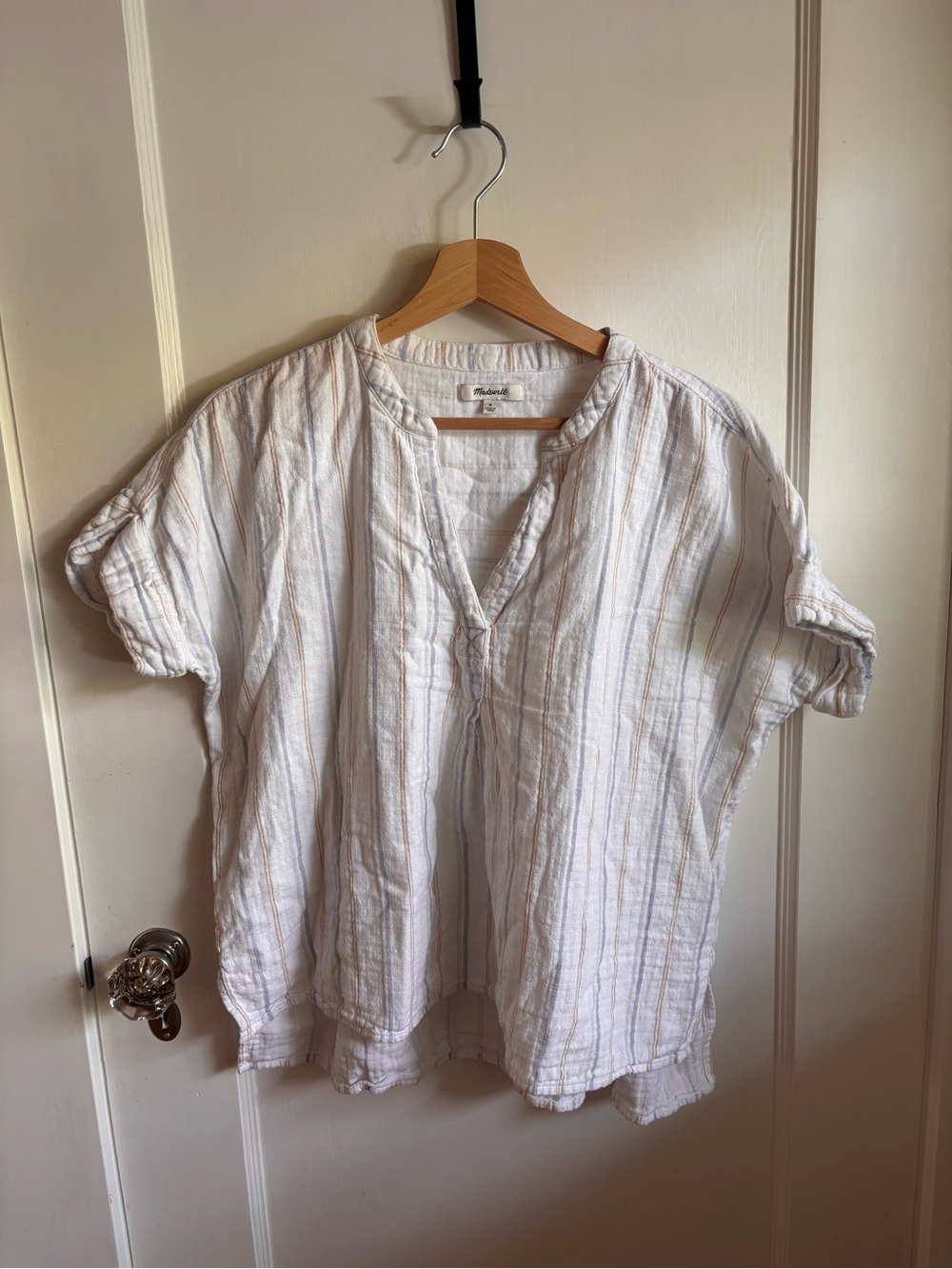 Madewell Popover Top with Blue and Tan Stripes